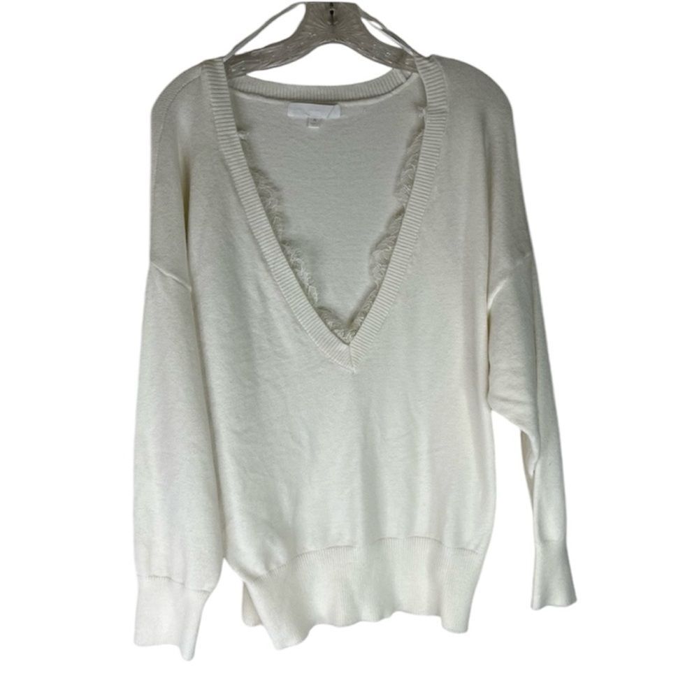 Adyson Parker Sweater Women’s Ivory Lace Inset V Neck Pullover Buttery Soft XL